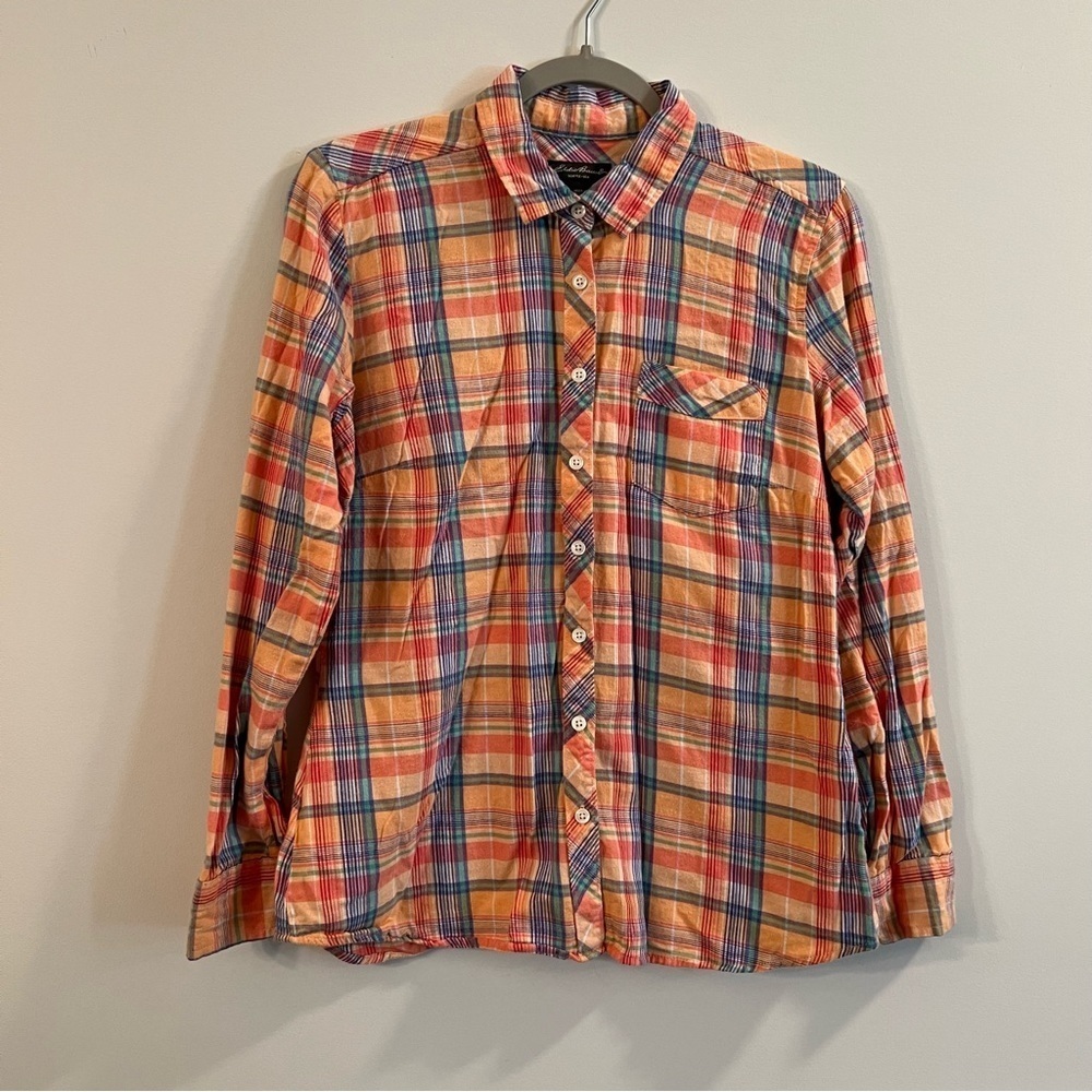 Women’s Eddie Bauer yellow plaid button up long sleeve shirt size medium M